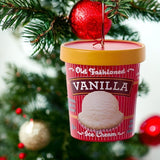 Ornaments shaped like a pint of ice cream. There are 5 options: Cookies & Cream, Strawberry, Chocolate, Vanilla or Mint Chocolate Chip. Each ornament features intricate details with a lifelike appearance, from the labels on the pint containers to the swirls of ice cream.