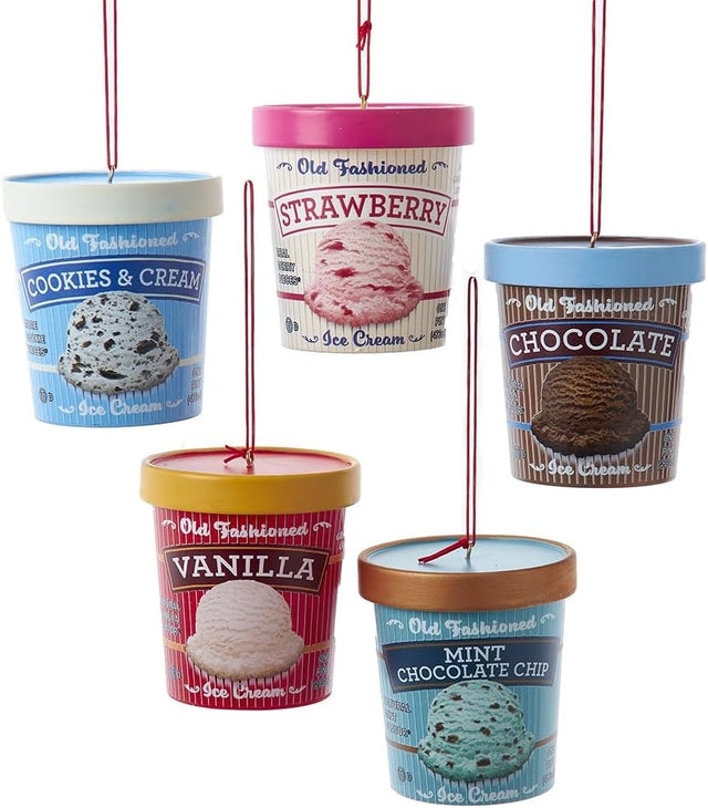 Ornaments shaped like a pint of ice cream. There are 5 options: Cookies & Cream, Strawberry, Chocolate, Vanilla or Mint Chocolate Chip. Each ornament features intricate details with a lifelike appearance, from the labels on the pint containers to the swirls of ice cream.
