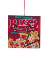 Ornament shaped like a frozen pizza box. One ornament looks like a Supreme pizza with a classic crust. One ornament looks like a Pepperoni pizza with a classic crust. One ornament looks like a Cheese pizza with a classic crust. One ornament looks like a gluten free Garden Veggie pizza with a cauliflower crust.