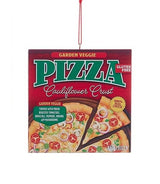 Ornament shaped like a frozen pizza box. One ornament looks like a Supreme pizza with a classic crust. One ornament looks like a Pepperoni pizza with a classic crust. One ornament looks like a Cheese pizza with a classic crust. One ornament looks like a gluten free Garden Veggie pizza with a cauliflower crust.
