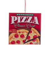 Ornament shaped like a frozen pizza box. One ornament looks like a Supreme pizza with a classic crust. One ornament looks like a Pepperoni pizza with a classic crust. One ornament looks like a Cheese pizza with a classic crust. One ornament looks like a gluten free Garden Veggie pizza with a cauliflower crust.