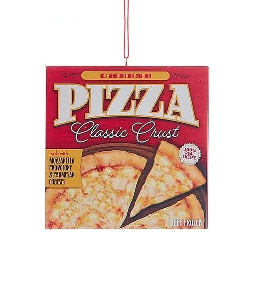 Ornament shaped like a frozen pizza box. One ornament looks like a Supreme pizza with a classic crust. One ornament looks like a Pepperoni pizza with a classic crust. One ornament looks like a Cheese pizza with a classic crust. One ornament looks like a gluten free Garden Veggie pizza with a cauliflower crust.
