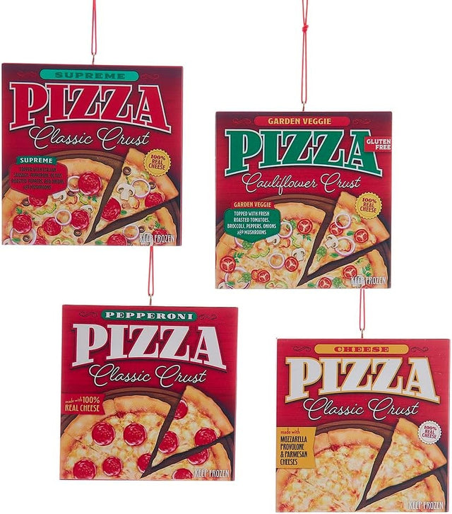 Ornament shaped like a frozen pizza box. One ornament looks like a Supreme pizza with a classic crust. One ornament looks like a Pepperoni pizza with a classic crust. One ornament looks like a Cheese pizza with a classic crust. One ornament looks like a gluten free Garden Veggie pizza with a cauliflower crust.