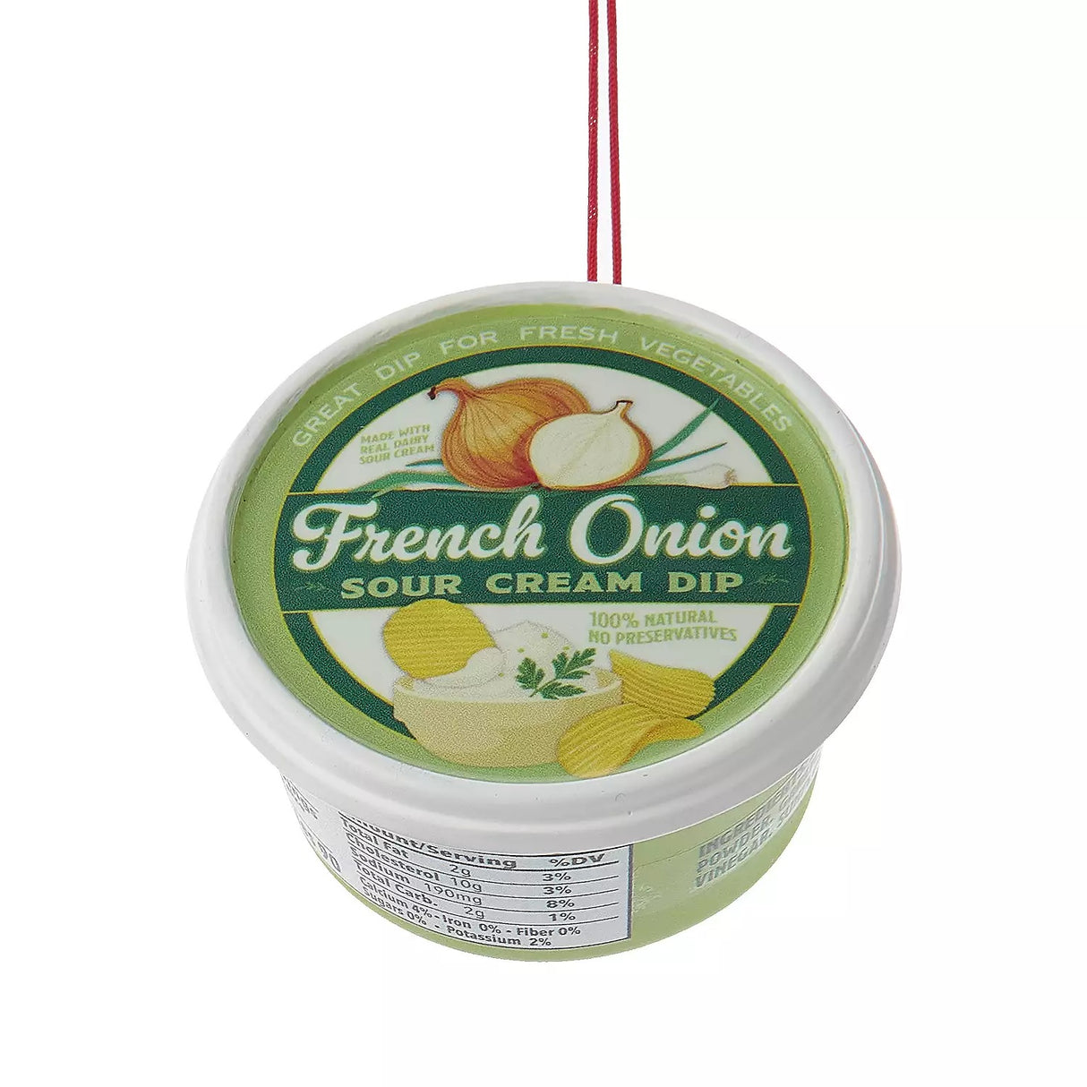 Plastic ornaments shaped like different party dips. One is a red container that reads "Classic Hummus." One is a green container that reads "French Onion Sour Cream Dip." One is a blue container that reads "Cream Cheese Spread."