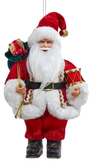 8" Santa Holding Gift Bag & Drum Ornament
