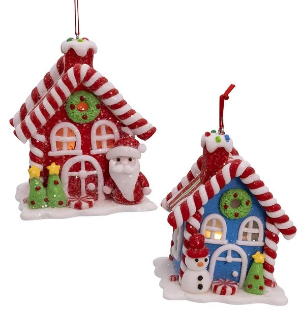 Ornaments shaped like houses made out of candy. This is a picture of both options.