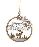 Round wooden ornament with a winter scene inside. One ornament features the silhouette of a reindeer standing in the middle of a snowy forest. One ornament features different types of snowflakes and the silhouette of a reindeer among some trees and it reads "Merry Christmas."