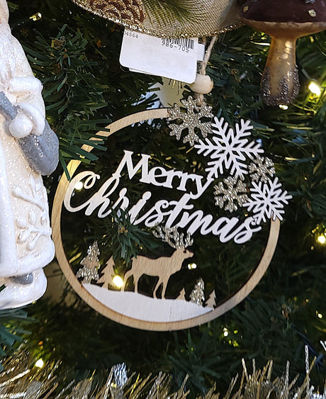 4.5" Wooden Round Glittered Christmas Scene Ornament