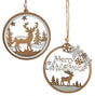 Round wooden ornament with a winter scene inside. One ornament features the silhouette of a reindeer standing in the middle of a snowy forest. One ornament features different types of snowflakes and the silhouette of a reindeer among some trees and it reads "Merry Christmas."
