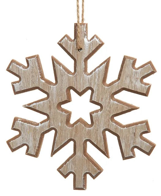 Wooden ornament shaped like a snowflake.