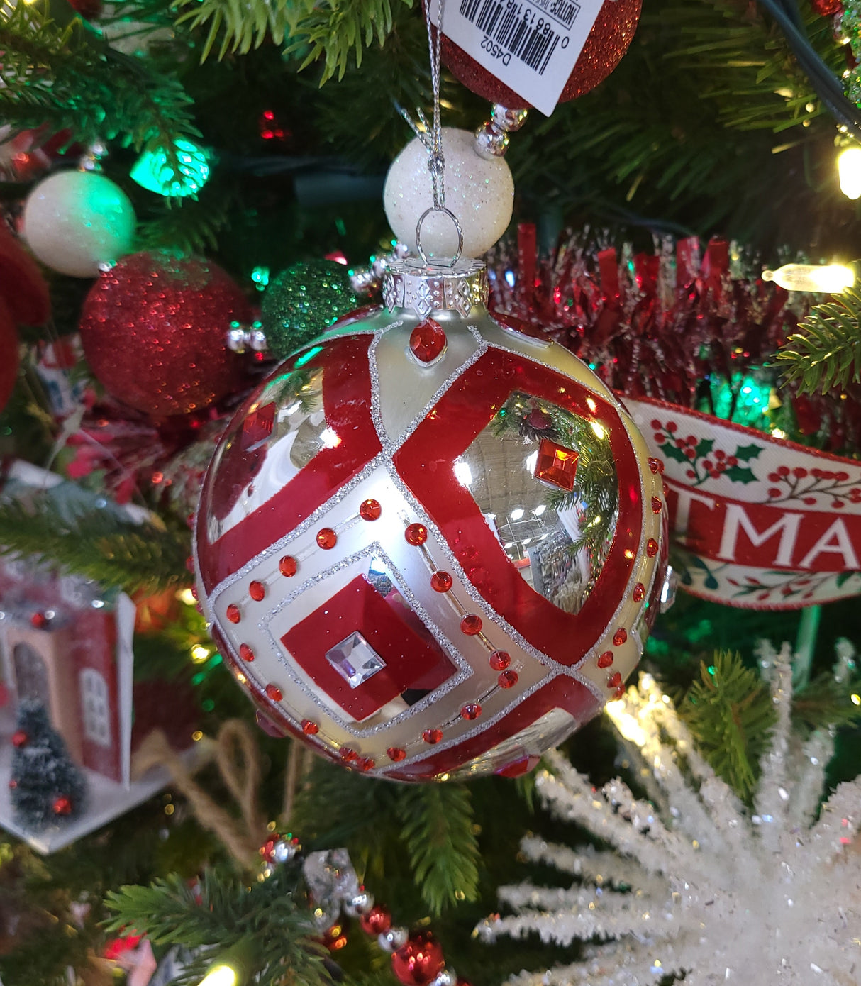 100MM Glass Red & Silver Ball Ornament with Gemstones