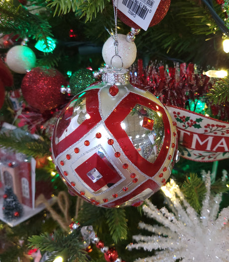 100MM Glass Red & Silver Ball Ornament with Gemstones