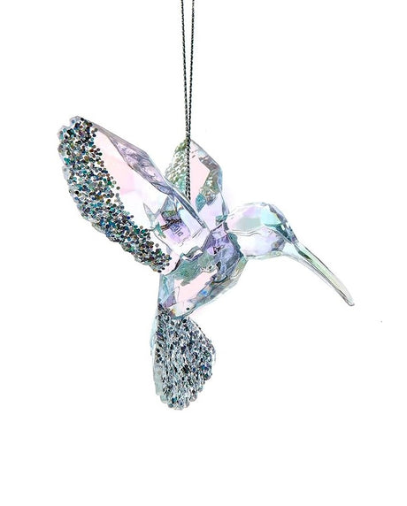 Acrylic ornament shaped like a bird. One has a blue tint and one has a pink tint. Both feature glitter accents.