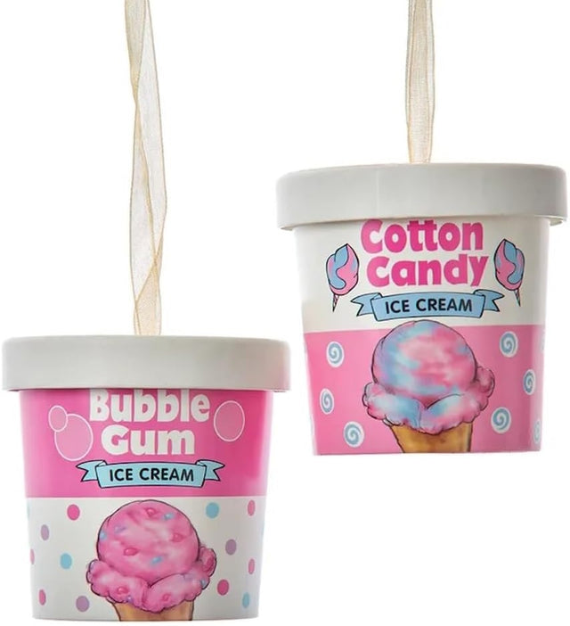 Ornaments shaped like an ice cream container. One container reads "Bubble Gum Ice Cream" and features pink, purple and blue polka dots. One container reads "Cotton Candy Ice Cream" and features white and blue swirls.
