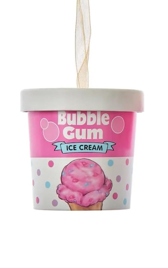 Ornaments shaped like an ice cream container. One container reads "Bubble Gum Ice Cream" and features pink, purple and blue polka dots. One container reads "Cotton Candy Ice Cream" and features white and blue swirls.