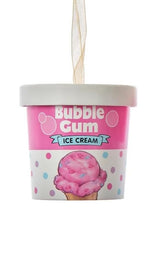 Ornaments shaped like an ice cream container. One container reads "Bubble Gum Ice Cream" and features pink, purple and blue polka dots. One container reads "Cotton Candy Ice Cream" and features white and blue swirls.