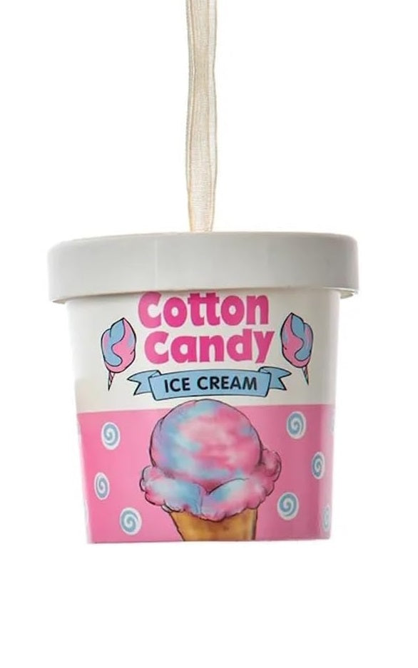 Ornaments shaped like an ice cream container. One container reads "Bubble Gum Ice Cream" and features pink, purple and blue polka dots. One container reads "Cotton Candy Ice Cream" and features white and blue swirls.