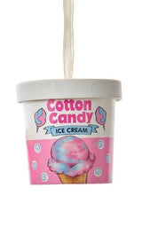 Ornaments shaped like an ice cream container. One container reads "Bubble Gum Ice Cream" and features pink, purple and blue polka dots. One container reads "Cotton Candy Ice Cream" and features white and blue swirls.