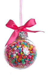 Glass bauble ornament with multi-colored sprinkles inside. One ornament features round sprinkles.
One ornament features star sprinkles. One ornament features tube sprinkles. One ornament features heart sprinkles. Each ornament is tied with a hot pink bow.