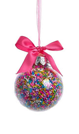 Glass bauble ornament with multi-colored sprinkles inside. One ornament features round sprinkles.
One ornament features star sprinkles. One ornament features tube sprinkles. One ornament features heart sprinkles. Each ornament is tied with a hot pink bow.