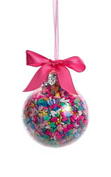 Glass bauble ornament with multi-colored sprinkles inside. One ornament features round sprinkles.
One ornament features star sprinkles. One ornament features tube sprinkles. One ornament features heart sprinkles. Each ornament is tied with a hot pink bow.
