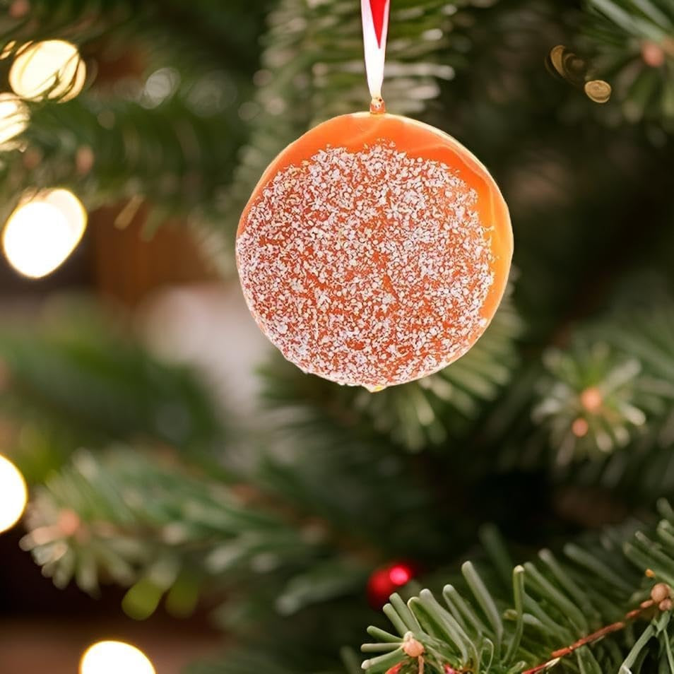 Ornament shaped like a donut. One ornament is decorated with white flecks to look like sugar. The other ornament is decorated with chocolate frosting.