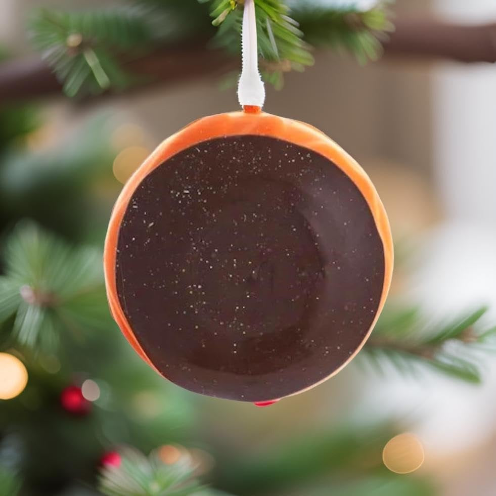 Ornament shaped like a donut. One ornament is decorated with white flecks to look like sugar. The other ornament is decorated with chocolate frosting.