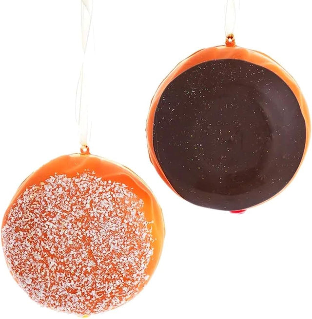 Ornament shaped like a donut. One ornament is decorated with white flecks to look like sugar. The other ornament is decorated with chocolate frosting.