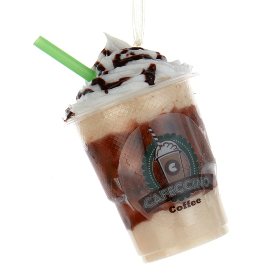 Ornaments shaped like frozen coffee drinks. One is a caramel drink and one is a mocha drink. The caramel drink has a caramel swirl on top and the mocha has chocolate. Both cups read "Cafeccino Coffee."
