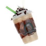 Ornaments shaped like frozen coffee drinks. One is a caramel drink and one is a mocha drink. The caramel drink has a caramel swirl on top and the mocha has chocolate. Both cups read "Cafeccino Coffee."