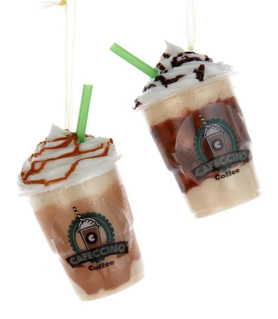 Ornaments shaped like frozen coffee drinks. One is a caramel drink and one is a mocha drink. The caramel drink has a caramel swirl on top and the mocha has chocolate. Both cups read "Cafeccino Coffee."