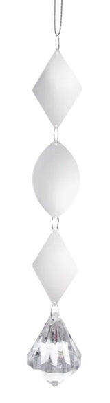 Silver and white dangling ornament. Features a diamond shaped bead, an oval shaped bead, another diamond shaped bead and a diamond shaped diamond.