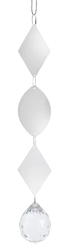 Silver and white dangling ornament. Features a diamond shaped bead, an oval shaped bead, another diamond shaped bead and a faceted ball shaped diamond.