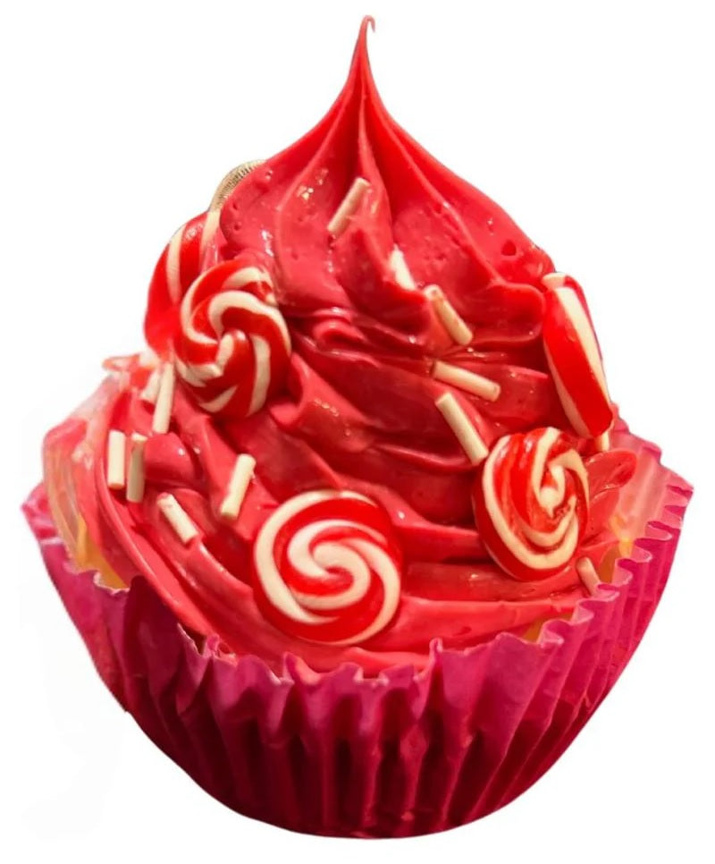 Christmas ornaments shaped like cupcakes with different colored frosting and candies on them.