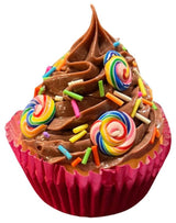 Christmas ornaments shaped like cupcakes with different colored frosting and candies on them.
