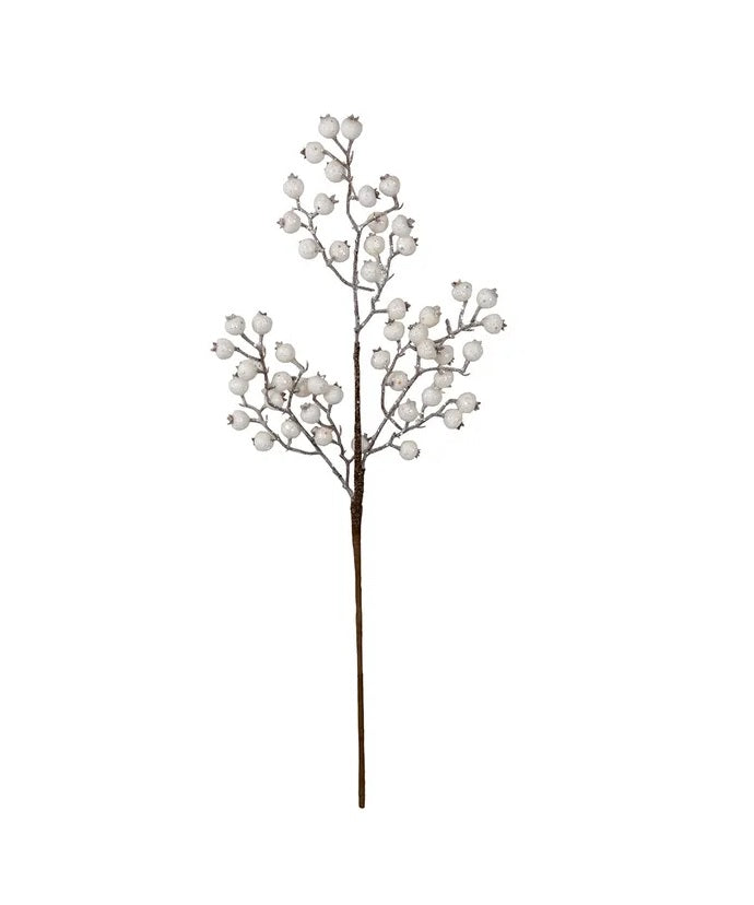 Pick spray designed to look like white berries on a brown stem.