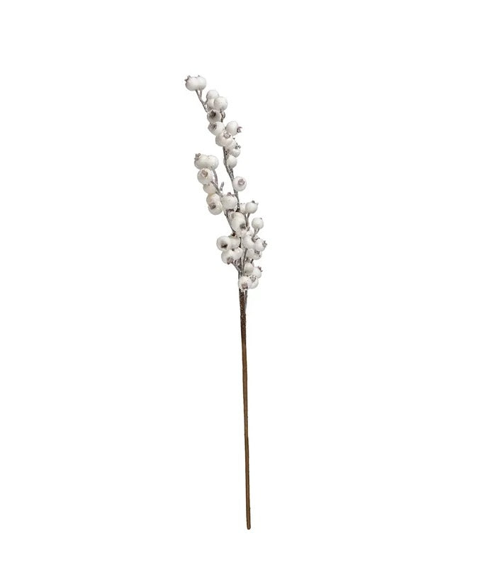 Pick spray designed to look like white berries on a brown stem.