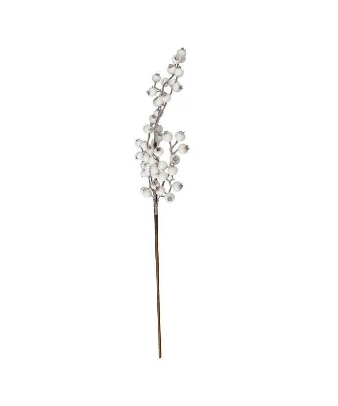 Pick spray designed to look like white berries on a brown stem.