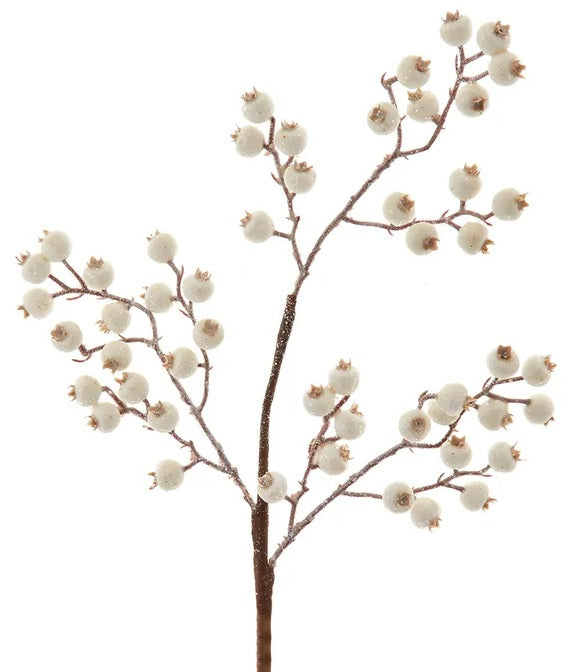 Pick spray designed to look like white berries on a brown stem.