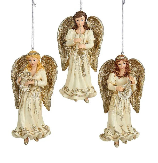 Ornament shaped like an angel holding a musical instrument. One angel is blond and holding a harp. One angel is brunette and holding a trumpet. One angel is a redhead and holding a mandolin.
