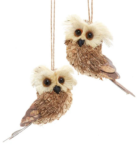 Ornament shaped like an owl with big, brown eyes.