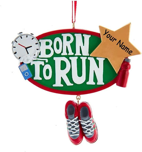 Ornament that reads "born to run" and features a stop watch, iPod, star, water bottle and shoes.