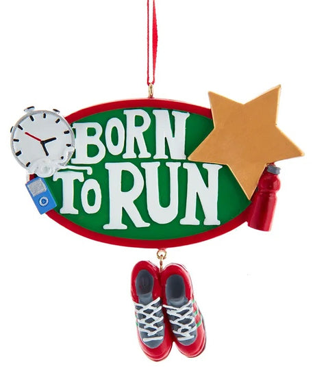 Ornament that reads "born to run" and features a stop watch, iPod, star, water bottle and shoes.