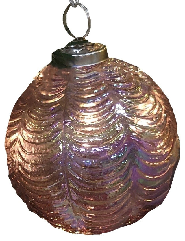 This ornament is an iridescent coral/pink/purple color and has rounded ridges.