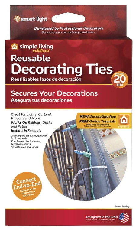 This image shows the packaging that these clips come in. It reads "Reusable Decorating Ties. Secures your decorations. Comes with 20 clips. Great for lights, garland, ribbons and more. Works on railings, decks and patios. Installs in seconds. Connect end-to-end. New decorating app and free online tutorials."