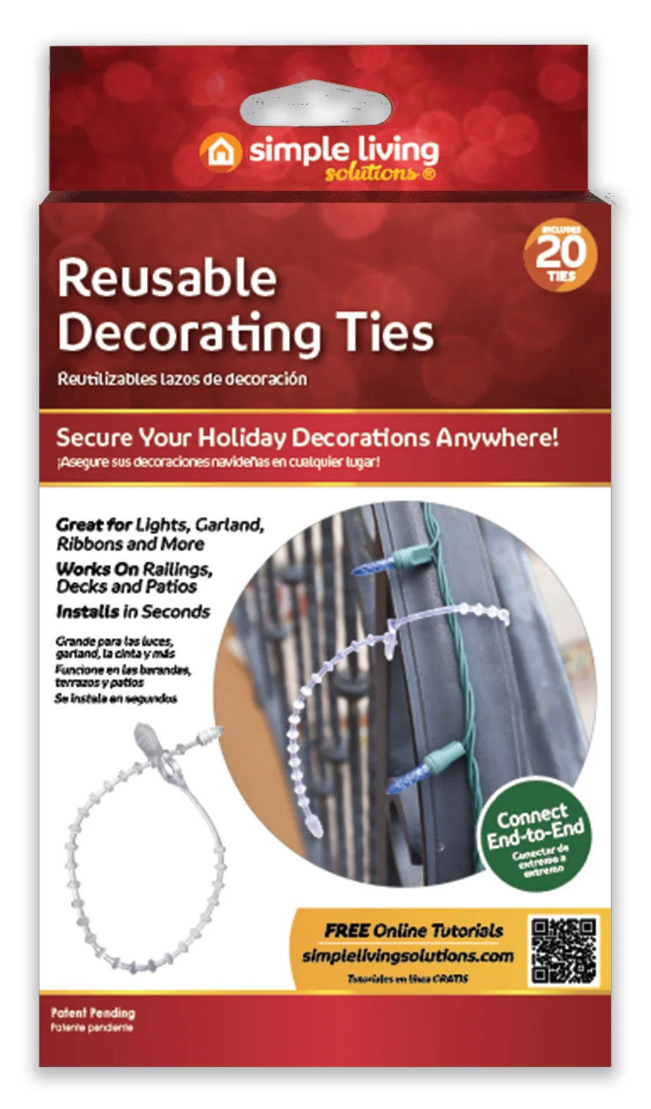 This image shows the packaging that these clips come in. It reads "Reusable Decorating Ties. Secures your decorations. Comes with 20 clips. Great for lights, garland, ribbons and more. Works on railings, decks and patios. Installs in seconds. Connect end-to-end. New decorating app and free online tutorials."