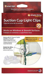 This image shows the packaging that these clips come in. It reads "Suction Cup Light Clips. Comes with 20 clips. Works on windows & smooth surfaces. Works with all types of lights. Installs in seconds. Clean & easy removal. Holds the wire, not the light. New decorating app and free online tutorials."