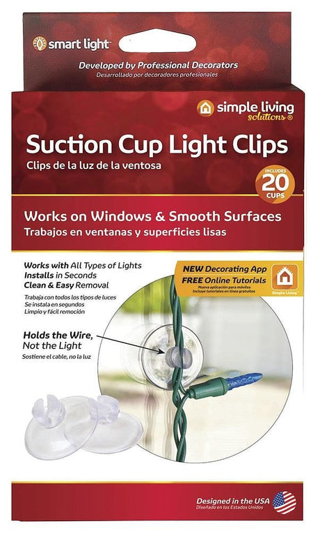 This image shows the packaging that these clips come in. It reads "Suction Cup Light Clips. Comes with 20 clips. Works on windows & smooth surfaces. Works with all types of lights. Installs in seconds. Clean & easy removal. Holds the wire, not the light. New decorating app and free online tutorials."