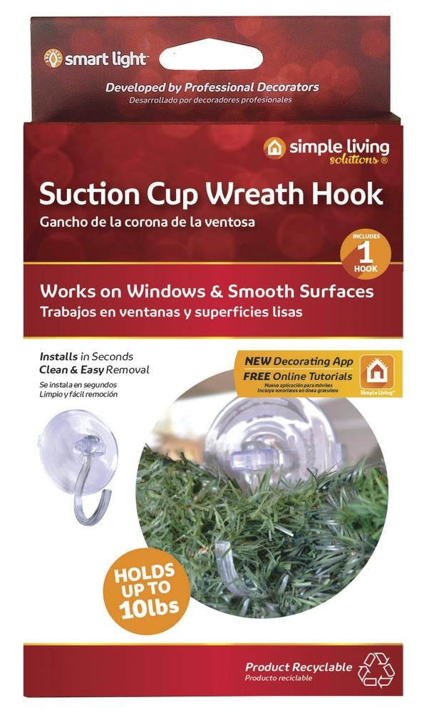 This image shows the packaging that this hook comes in. It reads "Suction Cup Wreath Hook. Comes with one hook. Works on windows and smooth surfaces. Installs in seconds. Clean and easy removal. Holds up to 10 lbs. New decorating app and free online tutorials."
