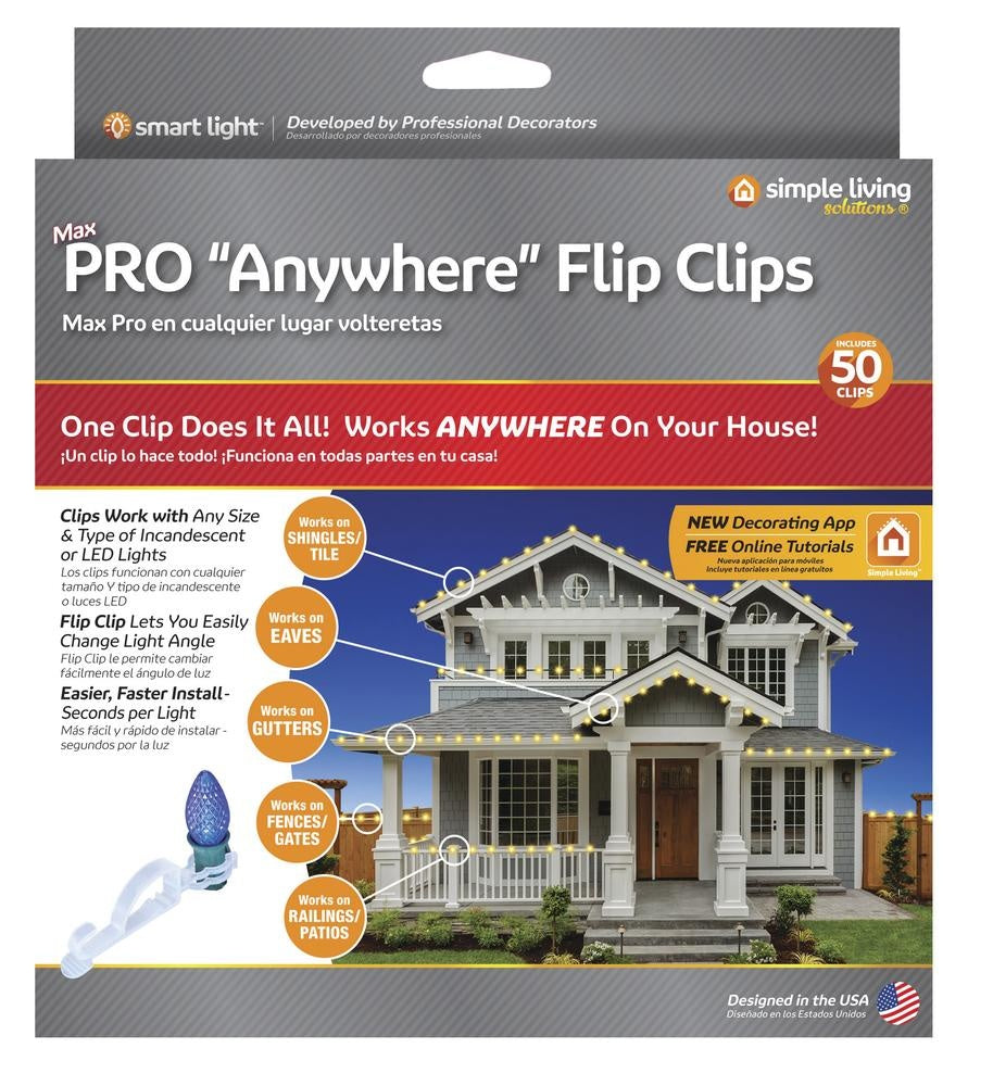 This image shows the packaging that these clips come in. It reads "MAX Pro Anywhere Flip Clips. One clip does it all! Works ANYWHERE on your house! Comes with 50 clips. Clips work with any size & type of incandescent or LED lights. Flip clip lets you easily change light angle. Easier, faster install - seconds per light. New decorating app and free online tutorials!"